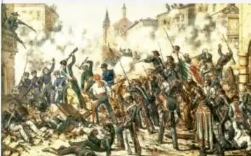 Escena de la batalla de Monterrey con soldados combatiendo en la ciudad.