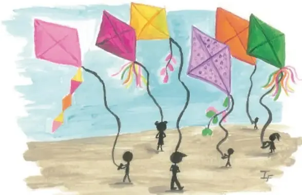 Ilustración de varios niños y niñas volando cometas de colores en un campo, con un cielo azul y suelo arenoso. Al pie dice: Idaly Frescas Flores, CHIHUAHUA.
