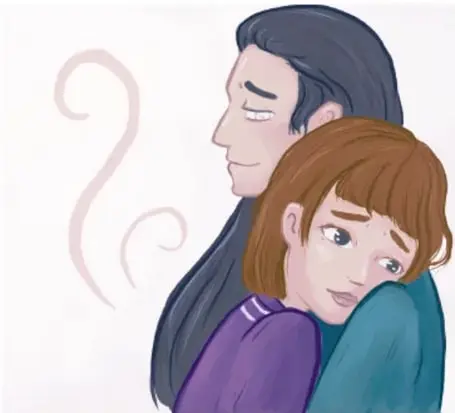 Ilustración de un hombre de cabello largo y una mujer joven de cabello castaño que apoya la cabeza en su hombro; al fondo una espiral decorativa. Crédito: Vivian Lissette Esquivel Martínez, Estado de México.