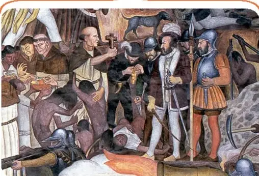 Fragmento del mural de Diego Rivera en Palacio Nacional que muestra escenas de la Conquista con frailes, soldados españoles y personajes indígenas.