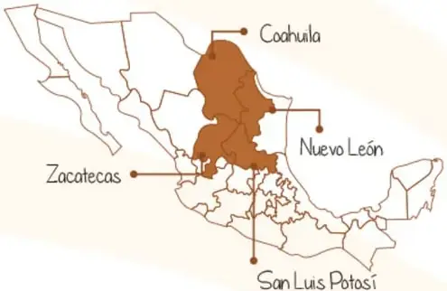 Mapa de México con resaltado en tono café de la zona norte, con líneas que señalan Coahuila, Nuevo León, Zacatecas y San Luis Potosí.