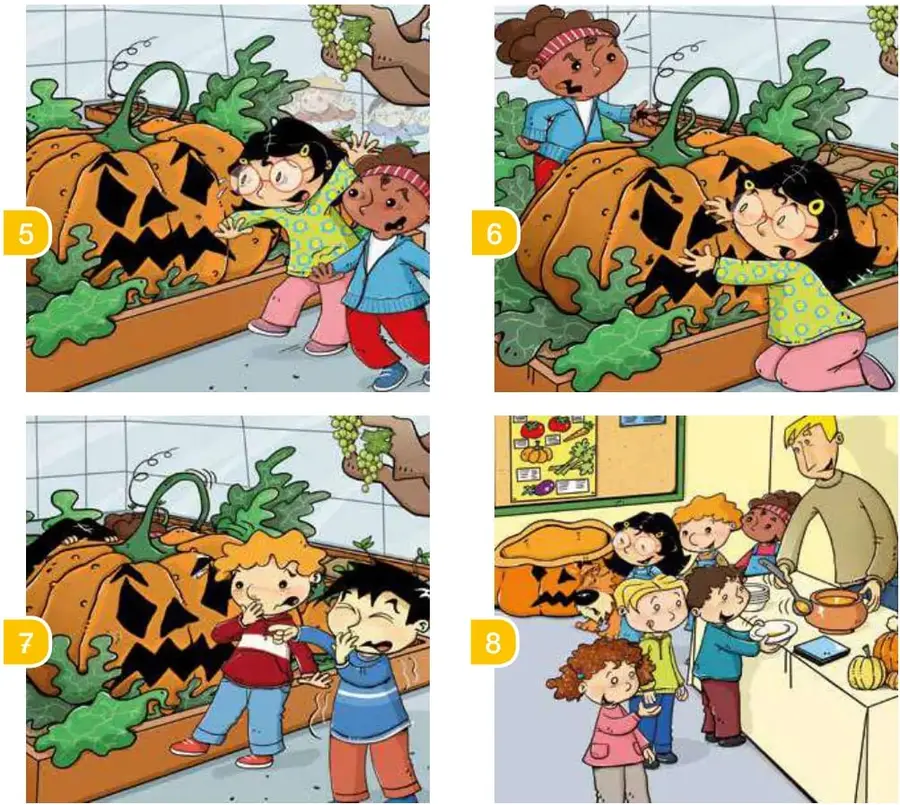 Dos niños conversan nerviosos frente a la calabaza; uno se tapa la boca.