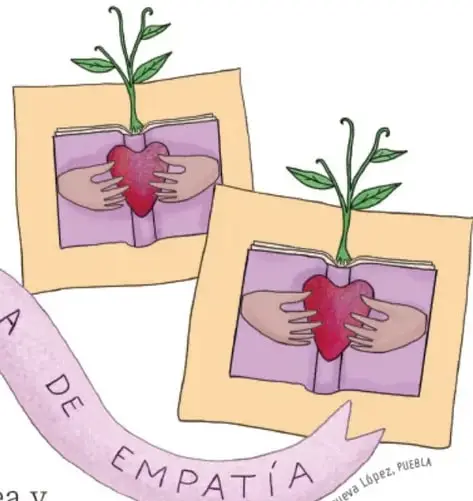 Ilustración con dos tarjetas que muestran manos sosteniendo un corazón rojo del que brota una planta, sobre un banner curvo rosa con la leyenda «BIBLIOTECA DE EMPATÍA». Crédito: Tania Villanueva López, Puebla.