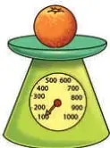 Manzana rotulada con 150 g y naranja rotulada con 100 g, usadas para comparar sus masas.