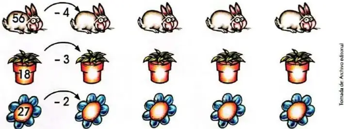 Tres filas de 5 imagenes cada una (peces, manzanas, arboles) con el primer elemento numerado y una flecha indicando el patron de suma (+3, +2, +4).