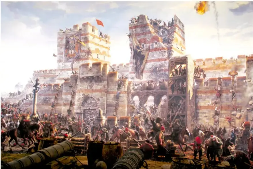 Pintura histórica que representa el asedio y la conquista de Constantinopla, con murallas, torres, cañones, soldados y humo, reflejando la batalla entre otomanos y bizantinos.