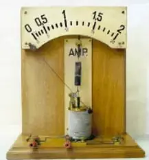 Amperímetro analógico de laboratorio con escala de 0 a 2 A.