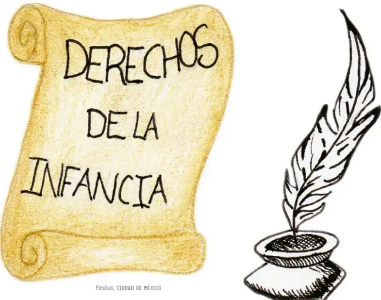 Ilustración de un pergamino enrollado con la leyenda "DERECHOS DE LA INFANCIA" escrita a mano, acompañado de una pluma estilo tinta con tintero. Crédito: Festus, Ciudad de México.