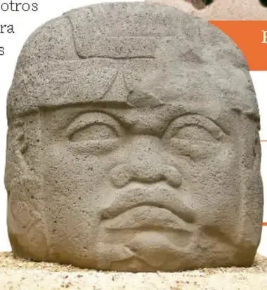 Cabeza colosal localizada en La Venta, Tabasco: rostro humano tallado en piedra volcánica.