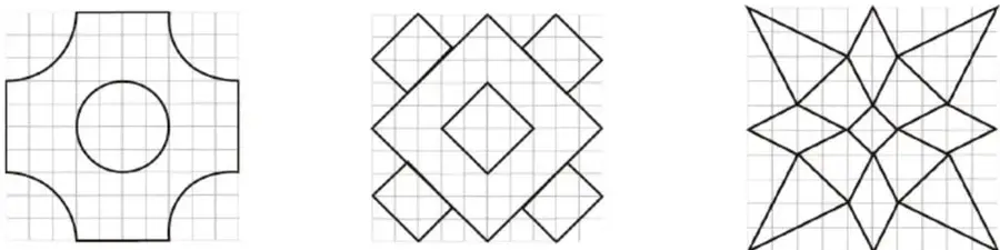 Tres diseños geométricos sobre cuadrícula: uno con simetría axial y central, otro con rombos y cuadrados, y otro con estrella de ocho puntas.
