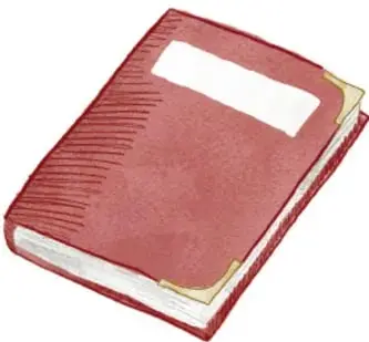 Ilustración de un libro rojo cerrado con etiqueta blanca en la portada, acreditación: Mónica Mendoza Cruz, Ciudad de México.