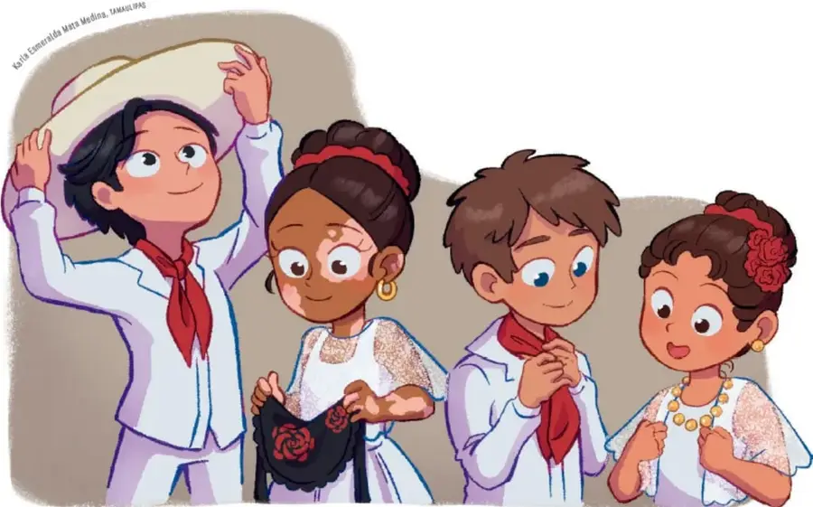 Ilustración de cuatro niños y niñas con vestimenta tradicional de baile, uno de ellos sostiene un sombrero y otra una bolsa bordada.
