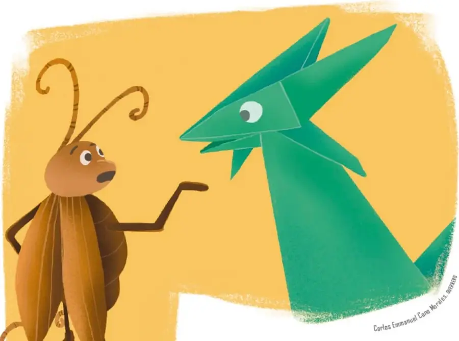 Ilustración de un dragoncito verde de papel con un ojo blanco y pico puntiagudo, mirando hacia abajo.