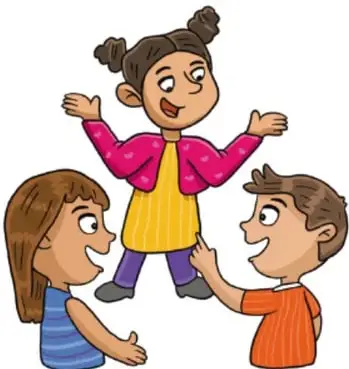 Ilustración de tres estudiantes de primaria conversando animadamente; una niña con blusa rosa y falda amarilla, otra con playera azul y un niño con camisa naranja.