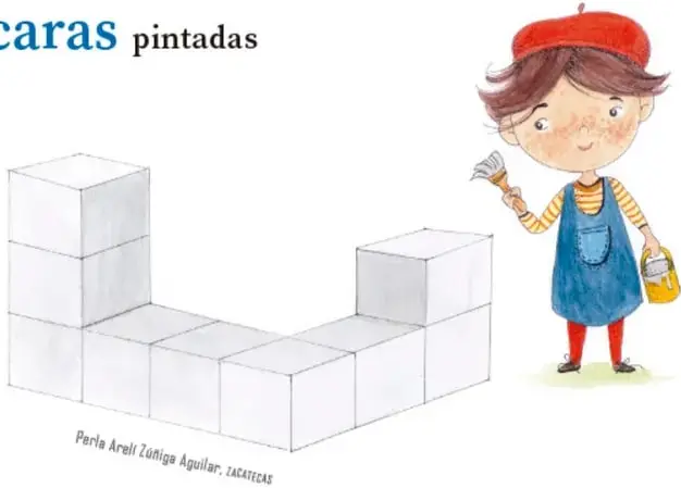 Ilustración de la niña Balam con boina roja y pincel, junto a una escultura formada por 9 cubos blancos: una columna de 3 cubos a la izquierda, una fila de cubos en el piso y una columna de 2 cubos a la derecha.