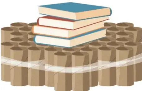 Pila de tres libros encima de un panal de celdas hexagonales de cartón; las celdas inferiores se comprimen ligeramente bajo el peso.