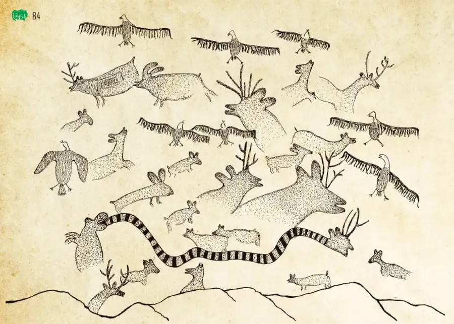 Ilustración de estilo rupestre con venados, aves y una serpiente de gran tamaño, sobre fondo color pergamino.