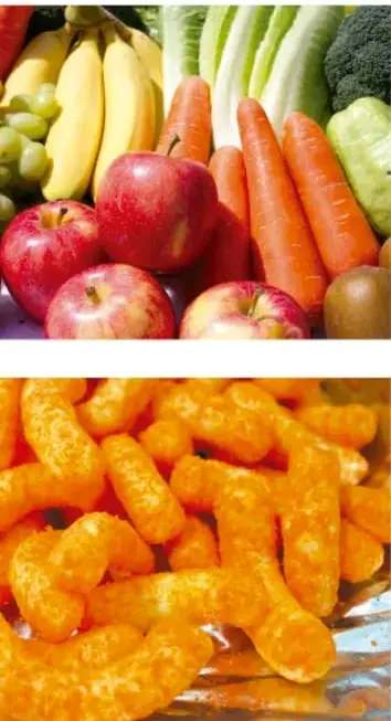 Fotografía de alimentos saludables: plátanos, manzanas, uvas, zanahorias, brócoli y apio.
