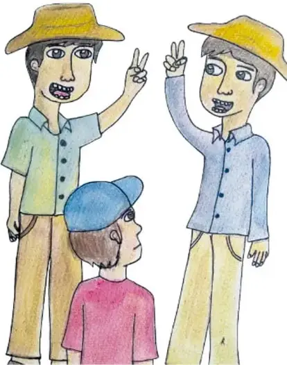 Escena de la conversación: dos niños con sombreros de palma (uno hace el signo de la paz) y el niño con gorra azul y playera rosa sentado frente a ellos; misma firma de la ilustradora.