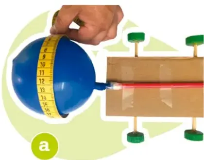 Fotografía de un globo azul inflado casi por completo, con una cinta métrica alrededor para medir su circunferencia, colocado en un dispositivo de madera con popote y soportes verdes. Se marca con la letra a.