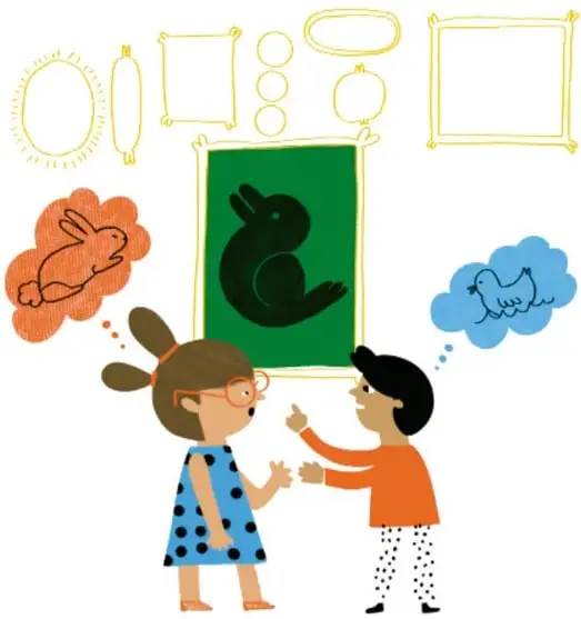 Ilustración de dos niños conversando frente a un pizarrón con dibujos de animales y marcos, con nubes de pensamiento.