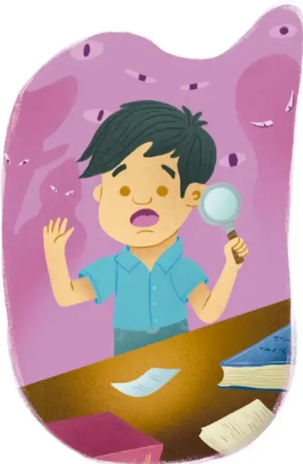 Ilustración del mismo niño con expresión de sorpresa o alarma, junto a una mesa con documentos y libros, mientras alguien lo espía desde el fondo morado.