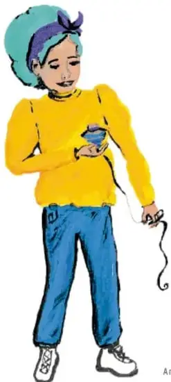 Ilustración de una estudiante con gorro azul, suéter amarillo y pantalón azul, sosteniendo un micrófono con cable, al parecer preparada para exponer. Crédito: Ana Cecilia Gaytán Ortiz, Guanajuato.