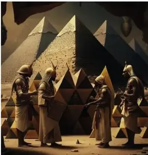 Ilustración de pirámides egipcias con la Esfinge y palmeras, evocando el antiguo Egipto.