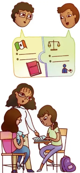 Ilustración de dos personas conversando con burbujas que contienen la bandera de México, una balanza de la justicia, un libro y una persona