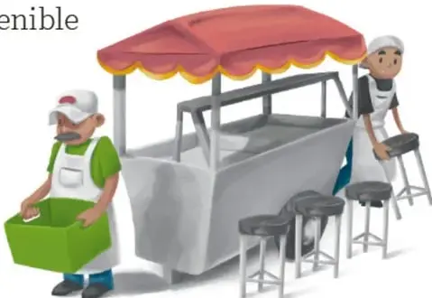 Ilustración de un puesto de comida callejera con vendedores y puestos; crédito a Mayra Gisela Pedroza Díaz, Aguascalientes.