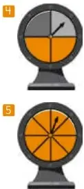 Dos timbres o sellos con forma de reloj, uno con cuadrantes naranja y gris, otro con sectores radiales.