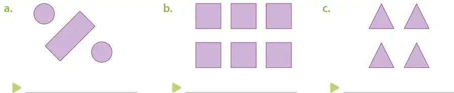 Tarjetas con caras sueltas: dos círculos y un rectángulo (a), seis cuadrados morados (b) y cuatro triángulos morados (c).