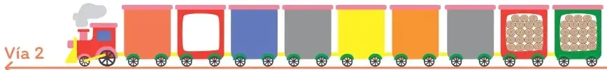 Tren con locomotora a la izquierda y ocho vagones a la derecha.