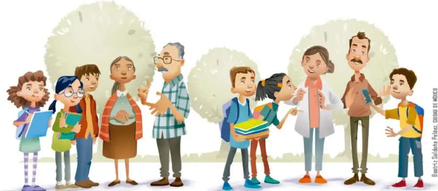 Ilustración de varios grupos: estudiantes con libros y mochilas dialogando con adultos (maestra, abuelo, personas mayores) en un parque con árboles al fondo; representa el trabajo comunitario de consulta de fuentes.