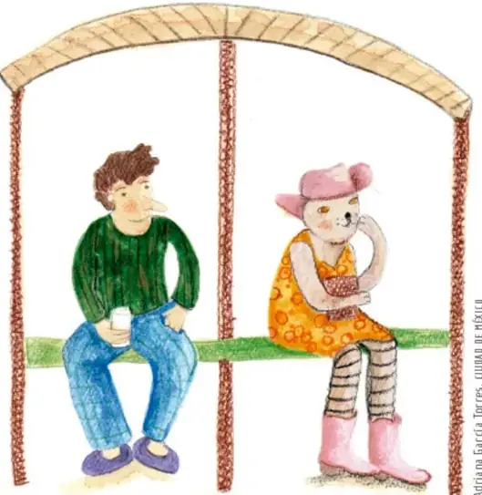 Ilustración de un niño y una niña sentados en un columpio/parque, estilo acuarela; crédito: Adriana García Torres, GUA DE TIZAYUCA.
