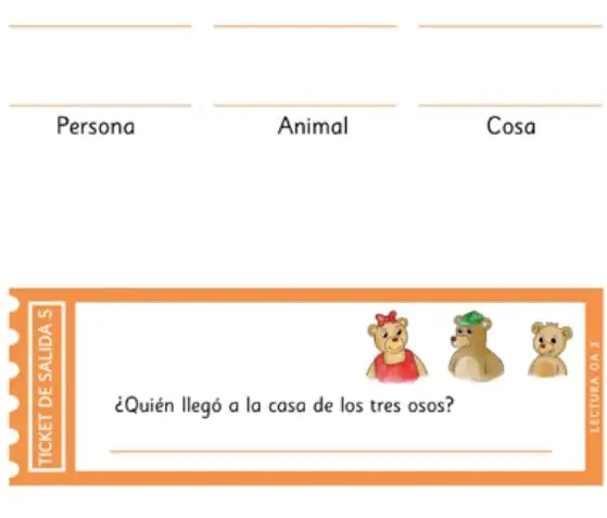 Ticket de salida con la pregunta '¿Quién llegó a la casa de los tres osos?' e ilustraciones de tres osos.