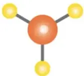 Modelo de molécula con un átomo central naranja unido a tres átomos amarillos.
