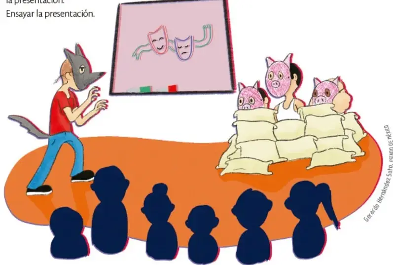Ilustración de una representación teatral: un niño con máscara de lobo y tres con máscaras de cerdo (los tres cerditos) sobre un escenario naranja, con público en silueta y un cartel con máscaras de comedia y tragedia.
