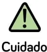 Recuadro verde con el listado de materiales y un ícono triangular de advertencia con la palabra Cuidado.