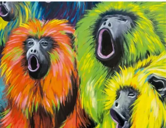 Pintura de monos langures de pelaje naranja, verde y amarillo con las bocas muy abiertas, como si gritaran o cantaran.