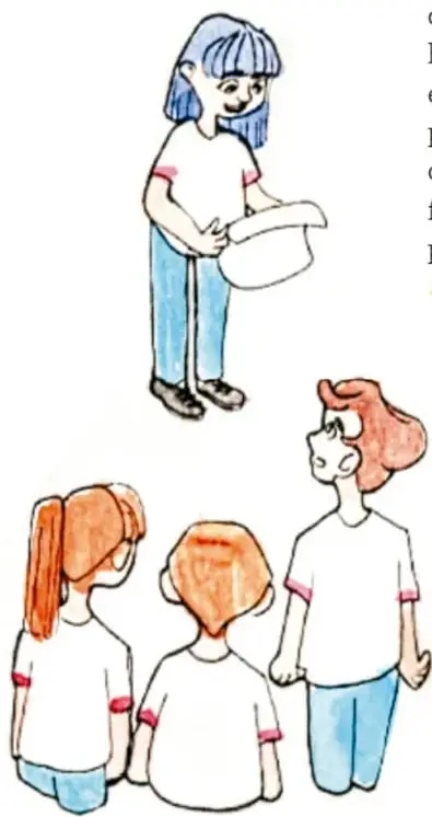 Ilustración de una niña de cabello azul sosteniendo una cubeta, con expresión amable.