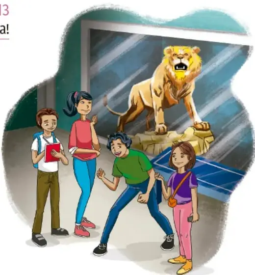 Ilustración de cuatro estudiantes frente a un león disecado en vitrina de museo; crédito: Paul Arnulfo Piceno Vega, CIUDAD DE MÉXICO.