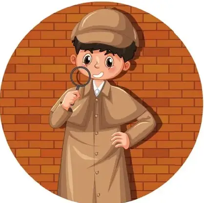 Ilustración circular de un niño vestido de detective (sombrero y gabardina marrones) sosteniendo una lupa, sobre fondo de pared de ladrillos.