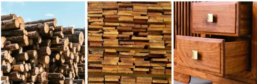 Tres fotografías de materiales en madera: troncos apilados, tablas de madera y un mueble de madera con cajones.