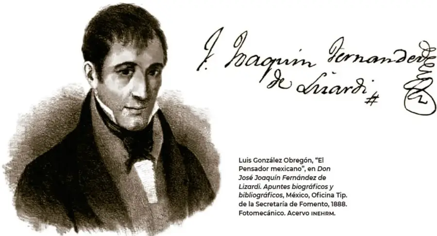 Retrato grabado de José Joaquín Fernández de Lizardi con levita y moño, junto a su firma manuscrita.