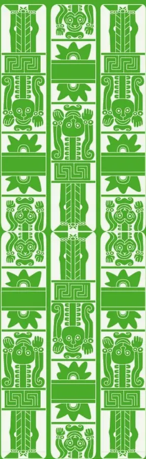 Franja vertical verde con motivos gráficos prehispánicos estilizados (figuras antropomorfas, volutas y grecas), probablemente de tradición mesoamericana, enmarcando el tema cultural del capítulo.