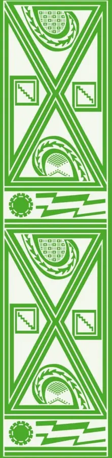 Franja vertical verde con un motivo geométrico estilizado en blanco: dos grandes triángulos dispuestos en aspa con círculos, escalinatas y un rayo, repetido dos veces en la altura de la página; recuerda a un textil o patronaje maya.