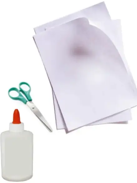 Fotografía de hojas de papel, tijeras y una botella de pegamento, representando los materiales para elaborar los rotafolios de los proyectos.