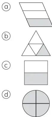 Cuatro figuras geométricas con partes sombreadas y cuatro fracciones para unir.