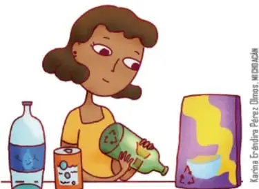 Ilustración de una niña observando una botella de plástico y una lata de refresco, junto a un contenedor con desechos. Crédito: Karina Eréndira Pérez Olmos, Michoacán.